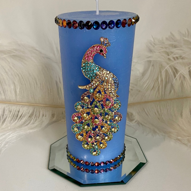 Peacock Candle Elegant Candles Blue Peacock Rhinestone Peacock Rainbow Candle Bird Lover Gifts Peacock Gifts Peacock Centerpieces