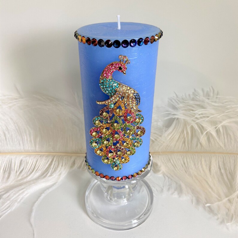 Peacock Candle Elegant Candles Blue Peacock Rhinestone Peacock Rainbow Candle Bird Lover Gifts Peacock Gifts Peacock Centerpieces