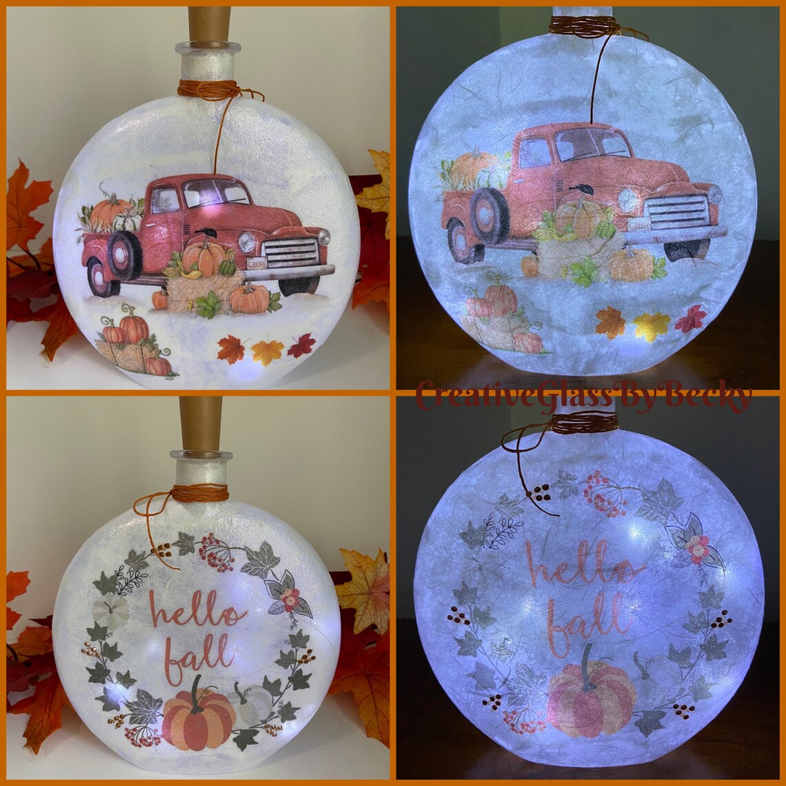 Hello Fall Decor Red Truck Fall Decor Lighted Bottles Etsy