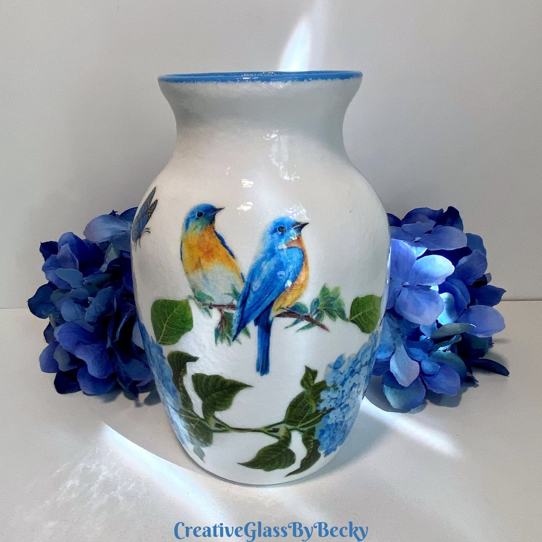 Bluebird and Flowers Vase Blue Bird Gifts Decoupaged Vases Etsy