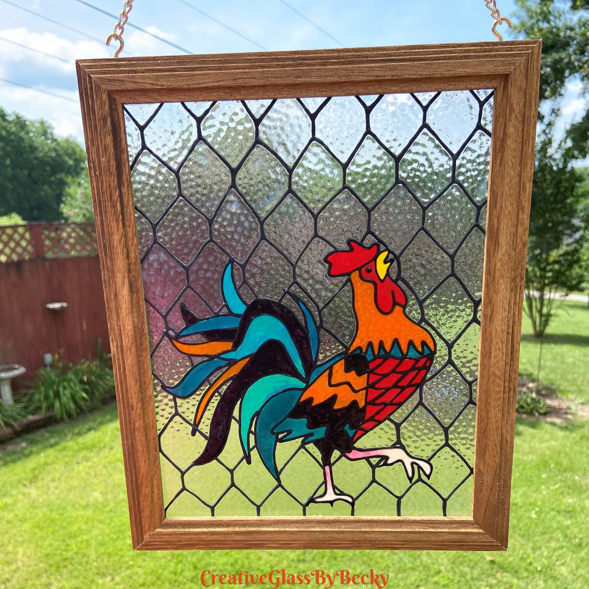 Hand Painted Faux Stained Glass, Chicken Decoration, Farm House Decor
