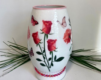 Pink Roses Vase, Pink Roses And Butterflies, Victorian Roses Vase, Pink Roses Gifts, Gifts Under 45, Decoupaged Vase, Pink Roses Centerpiece