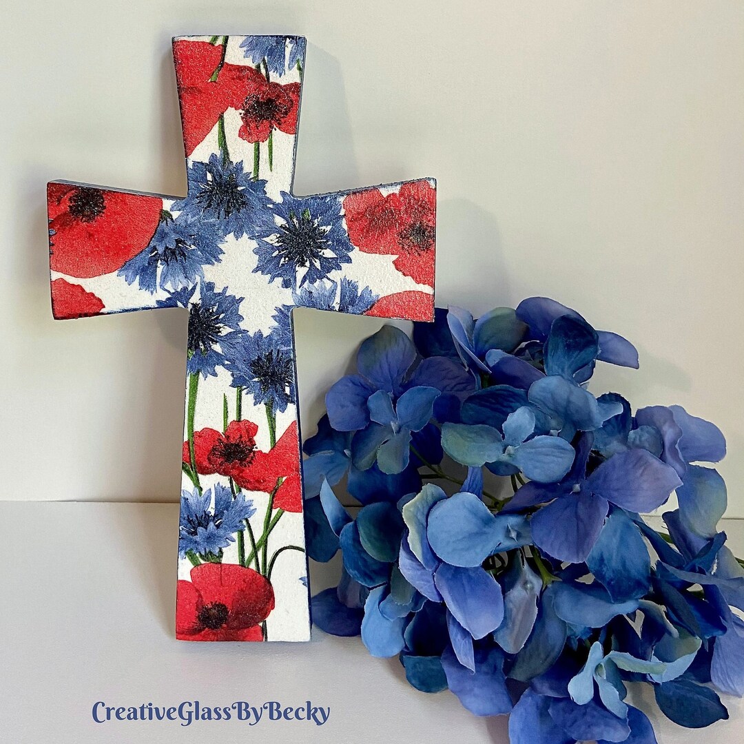 Small Cross With Flowers, Wooden Crosses Wall Decor, Poppy and