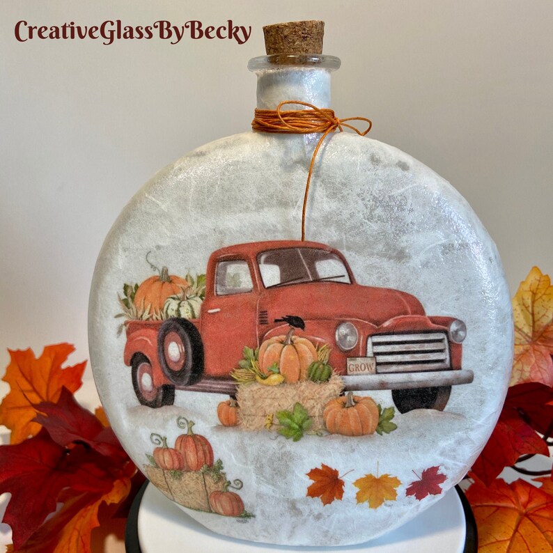Hello Fall Decor Red Truck Fall Decor Lighted Bottles Etsy