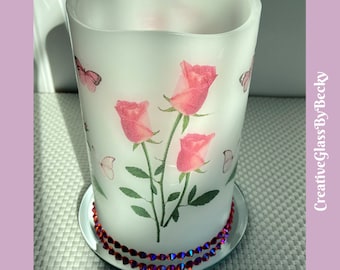 Pink Roses Candle, Rose LED Candle, Decoupaged Flameless Candle, Unique Rose Decor, Gifts Under 45, Roses And Rhinestones, Pink Roses