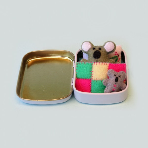 Miniature Felt Koala Bear Playset: Dollhouse Toy in Altoid Tin Bed