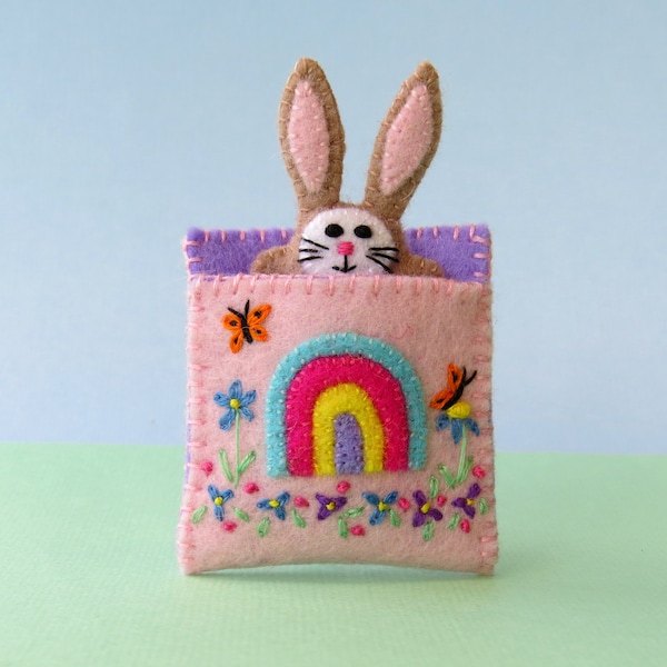 Miniature Felt Rabbit Playset: Embroidered Sleeping Bag in Altoid Tin Bed