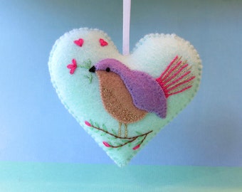 Felt Bird Ornaments,Christmas Felted Birds,Felt Bird Love,Love Birds With Hearts,Cute Birds Decor,Kids Valentine Decor,Hanging Felt Birds