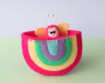 Rainbow Tooth fairy pouch, felt tooth fairy pillow pocket, miniature butterfly fairy, pink rainbow, felt bed play set