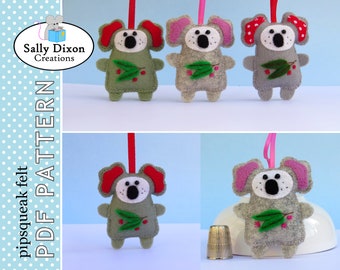 Digital SEWING PATTERN, Christmas Koala, DIY, Felt Koala, Australian animal, Aussie Xmas, felt pdf pattern, Christmas ornament, decoration