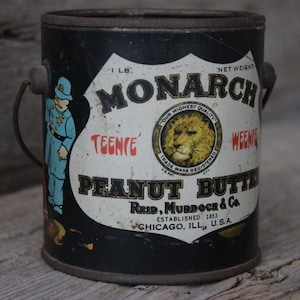 Antique Monarch Teenie Weenie Peanut Butter Tin Pail One Pound Reid Murdoch & Co. Chicago Illinois 1926 Advertising Collectible