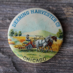 Deering Harvester Co. Celluloid Advertising Pinback Button Antique International Harvester McCormick Farm Implement Tractor Collectible Pin