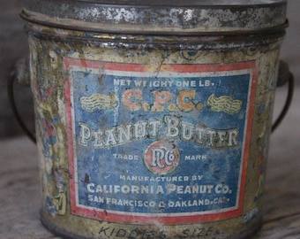 Vintage California Peanut Company C.P.C. Peanut Butter Kiddies Size Tin Pail with Lid Antique Advertising Collectible Kitchen Home Decor