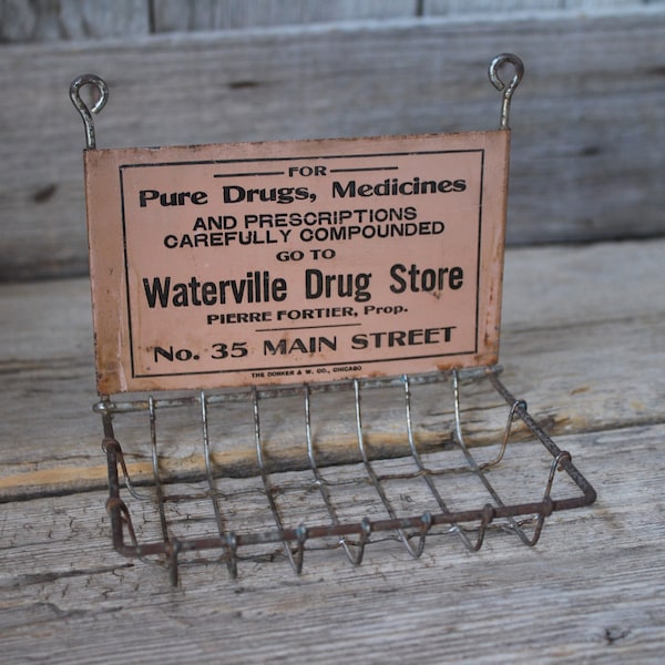 Antique Metal Wire Soap Bar Dish Basket Holder Waterville Maine Drug Store Advertising Sign