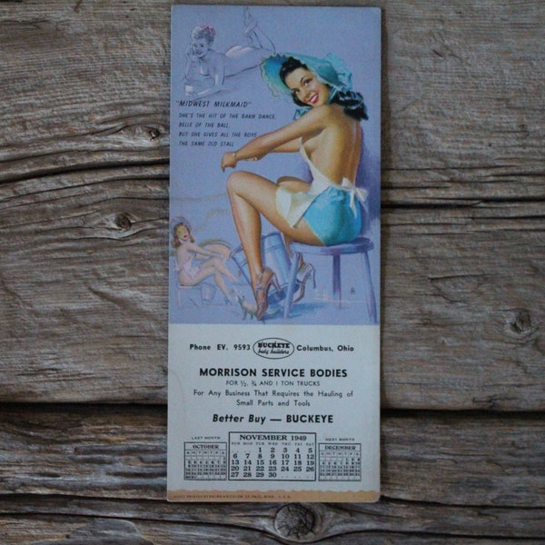 November 1949 Knute O. Munson Risque Girl Art "Midwest Milkmaid" Ink Blotter Advertising Calendar - Buckeye Body Shop Columbus Ohio