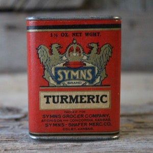 Antique Spice Tin Symns Brand Turmeric Atchison, Concordia, Colby, Kansas Shafer Mercantile Rare Antique Collectible Advertising Canister