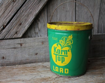 Korn Top Brand Lard Pail with Wire Bail Handle Rare Vintage Kitchen Tin with Great Graphics