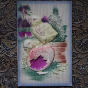 Easter Greeting Postcard Heavily Embossed Airbrushed Chicks and Cracked Egg Raised Paper Holiday Card circa 1910