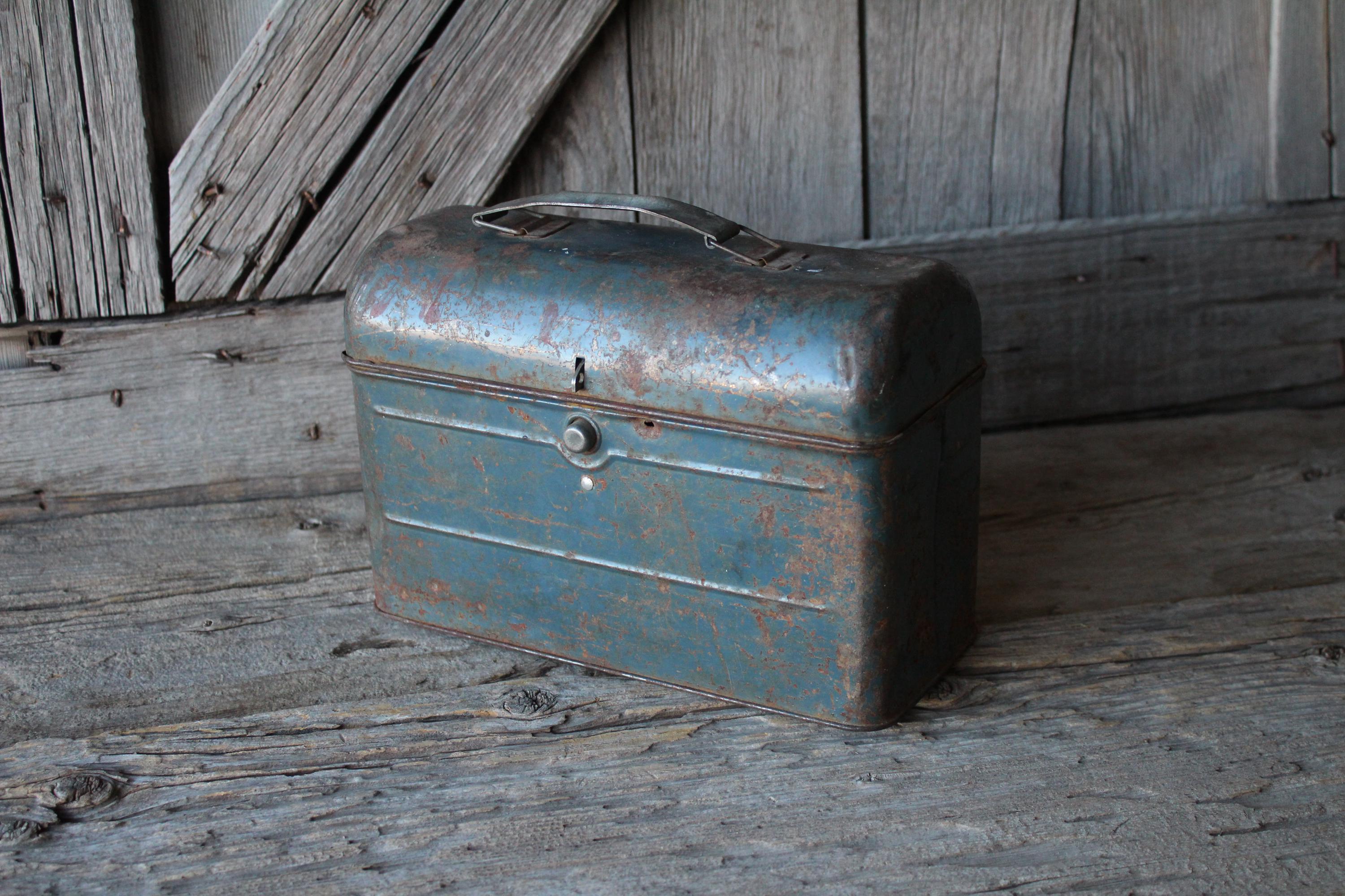 Antique Domed All Metal Workman's Miners Lunchbox Blue Pushbutton