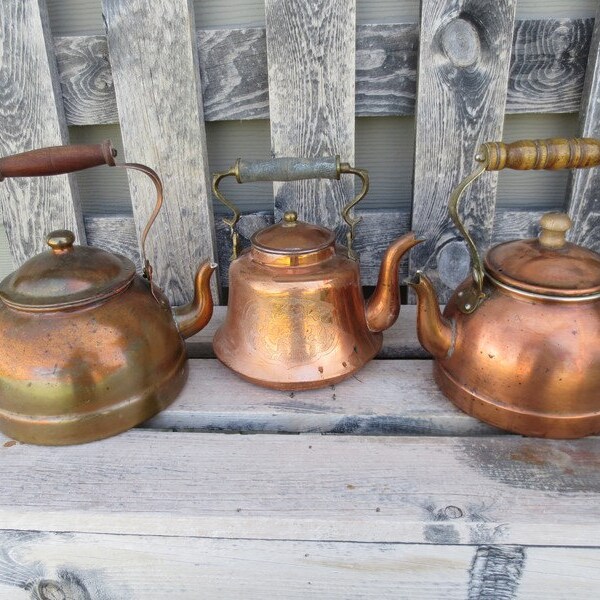 Instant Collection - Lot of 3 Vintage Wood Handled Copper Kettles