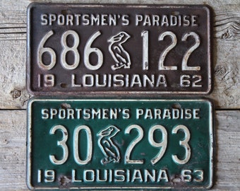 Louisiana License Plate Pair - 1962 and 1963 with Original Paint and Pelican Graphics - Awesome Patina for Rustic or Industrial Wall Decor