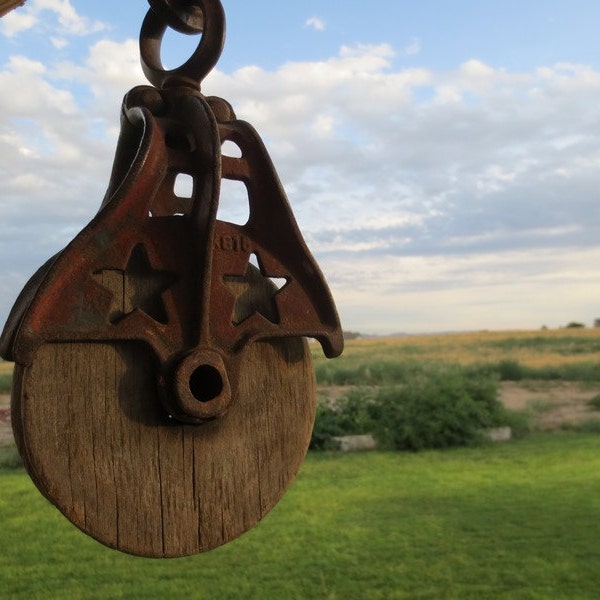 Antique Starline Hay Pulley. Cast Iron and Wood Primitive Barn Tool