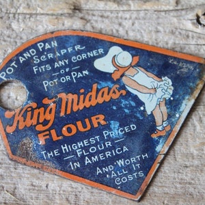 King Midas Flour Pot and Pan Scraper Original Antique Painted Metal Advertising Collectible
