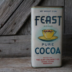 Feast Brand Pure Cocoa Large Two Pound Tin Container, The Ulry-Talbert Company Grand Island, Nebraska, Rare Antique Advertising Collectible