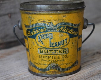 Antique Krisp Brand One Pound Peanut Butter Tin Pail with Original Lid and Wire Handle, Lummis & Company Philadelphia