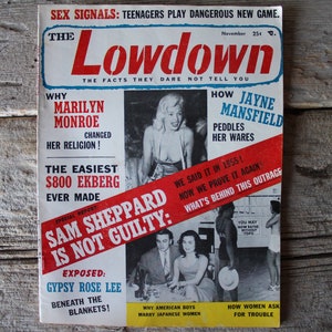 Pulp Magazine The Lowdown, November 1957 Vol. 3 No. 5, Risque Jayne Mansfield Cover and Marilyn Monroe Celebrity Gossip Articles