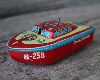 Wind Up Motor Boat Water Toy B-258 Swallow Vintage Lithographed Tin Made In Japan