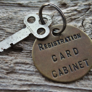 Vintage Brass Registration Card Cabinet Keychain with Eagle Flat Key