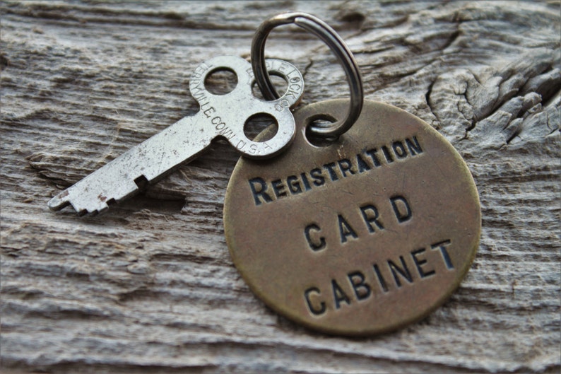 Vintage Brass Registration Card Cabinet Keychain with Eagle Flat Key image 1