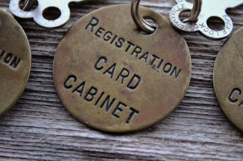 Vintage Brass Registration Card Cabinet Keychain with Eagle Flat Key image 4