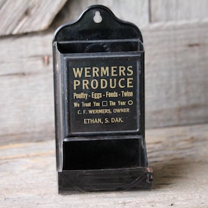Antique Matchbox Holder Ethan South Dakota Grocery General Store Advertising Collectible Tin Wall Mount Match Safe Wermers Produce Feed