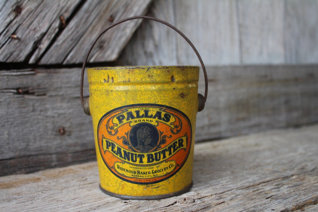Rare Pallas Brand Peanut Butter Tin Can One Pound Pail Ridenour Baker