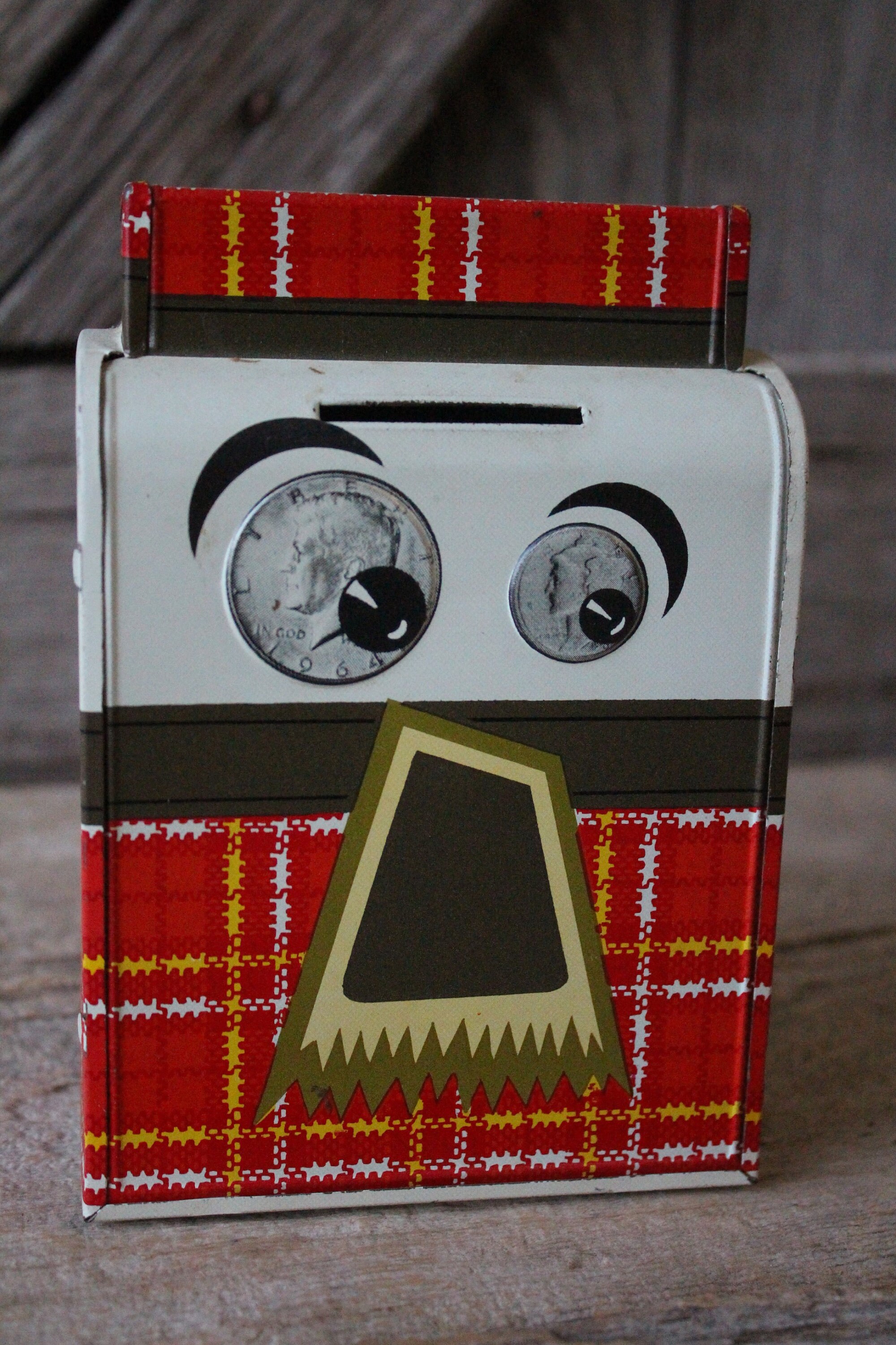 置物 OOAK Graffiti Post Box Coin Bank Art Ohio Art Mister Thrifty Lithographed Tin Coin Bank