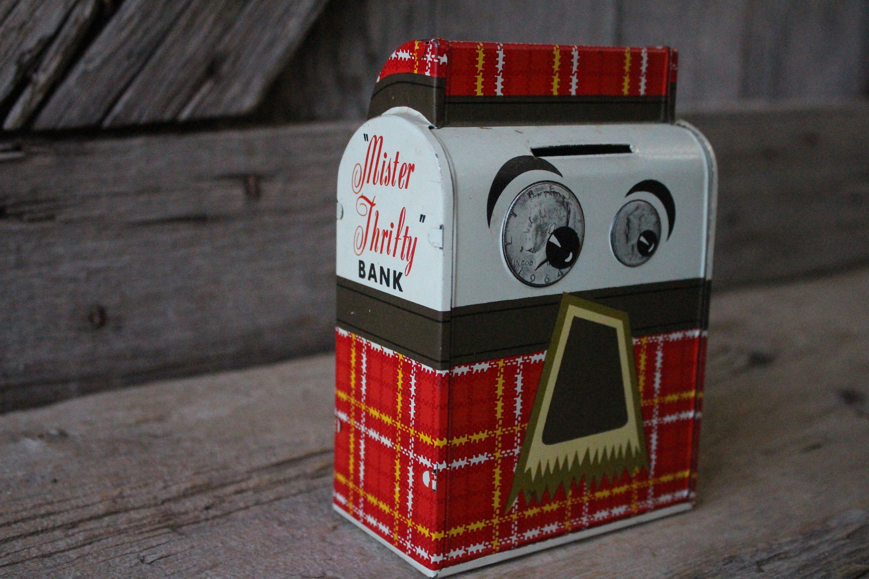 Ohio Art Mister Thrifty Lithographed Tin Coin Bank