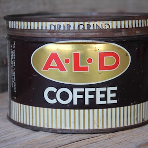 A.L.D. Brand Coffee Tin One Pound Key Wind Can Rare Vintage Advertising Collectible A. L. Davis Food Stores Fort Worth Texas ALD Canister