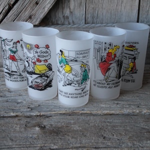 Risque Comic Drinking Glasses 1950&#39;s Frosted Highball Barware Lot of 5 Adult Humor Glassware Tumblers Hand Painted Rare Vintage Collectible