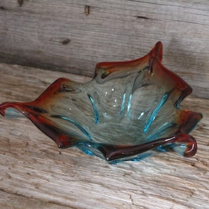 Murano Italy Hand Blown Art Glass Dish Shallow Mid Century Trinket Tray Bowl Blue and Amber Red