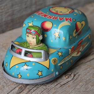 Masudaya Marsman Tin Friction Spaceship Rare Japan Space Man Litho Toy Car