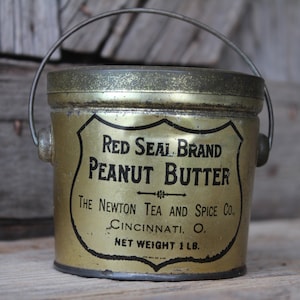 Antique Red Seal Brand One Pound Peanut Butter Tin Pail with Original Lid and Wire Handle, Newton Tea and Spice Company Cincinnati Ohio
