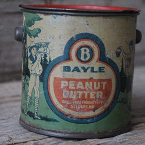 Antique Bayle Peanut Butter Tin Pail St Louis Missouri Food Advertising Collectible with Boy and Girl Scout Graphics Camping Tent Picnic
