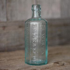 Antique Quack Medicine Bottle Aqua Blown Glass 8 Sided Applied Lip Dr. Wistar&#39;s Balsam of Wild Cherry Late 1800s Philadelphia Pennsylvania