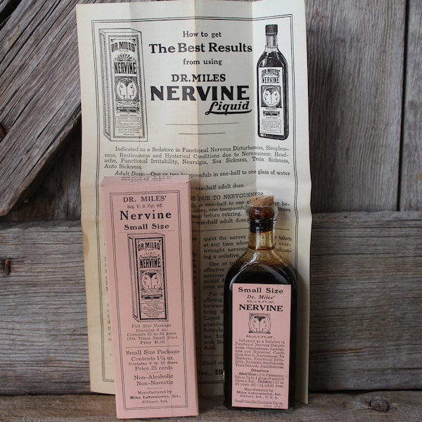 Dr Miles' Nervine Antique Drug Store Medicine Bottle from Miles Laboratories Inc. in Elkhart, Indiana