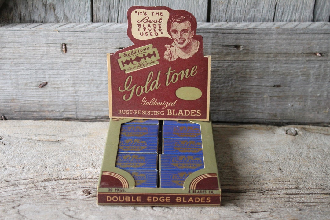 Used Razorblade Labels Gold Tone Double Edge Razor Blades New Old Stock Drug Store Countertop ...