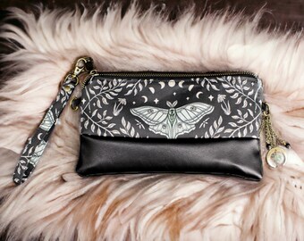 Essentials Wristlet Wallet Zip Bag, Credit Card Holder, Clutch, Phone Wallet, Boho, Leather - Luna Moth & Moon Phase