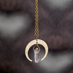 Crescent Moon Pendant with Clear Quartz Crystal Spike Long Layering Boho Gold Bronze Necklace