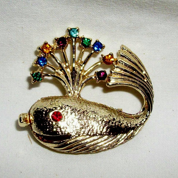 Whale Figural Brooch Rhinestones Gold Tone Vintage Estate Costume Jewelry Animal Pin